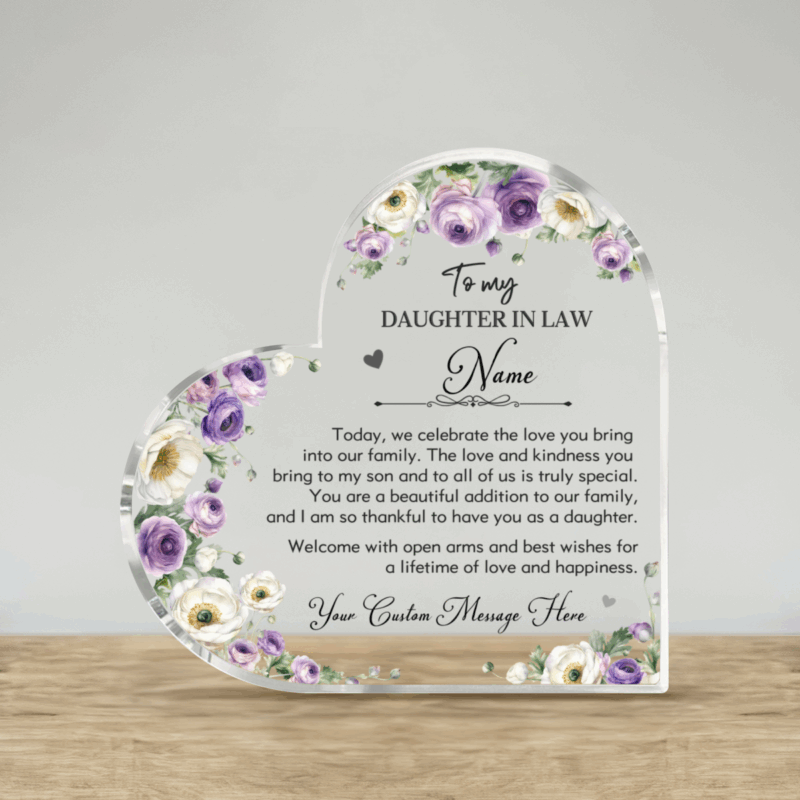Custom Heart Acrylic Block for Daughter in Law, Sentimental Family Welcome Gift, Personalized Keepsake from Mother in Law