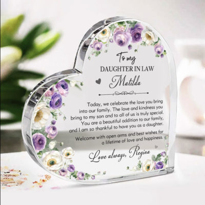 Custom Heart Acrylic Block for Daughter in Law, Sentimental Family Welcome Gift, Personalized Keepsake from Mother in Law