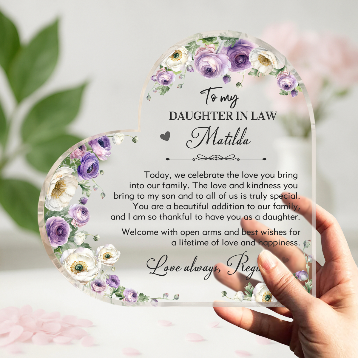 Custom Heart Acrylic Block for Daughter in Law, Sentimental Family Welcome Gift, Personalized Keepsake from Mother in Law