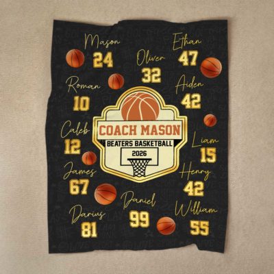 Personalized coach signature basketball blanket featuring coach name, team name, and player signatures, custom end of season thank you coach gift for basketball teams