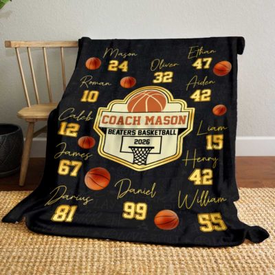Personalized coach signature basketball blanket featuring coach name, team name, and player signatures, custom end of season thank you coach gift for basketball teams
