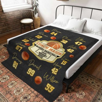 Personalized coach signature basketball blanket featuring coach name, team name, and player signatures, custom end of season thank you coach gift for basketball teams