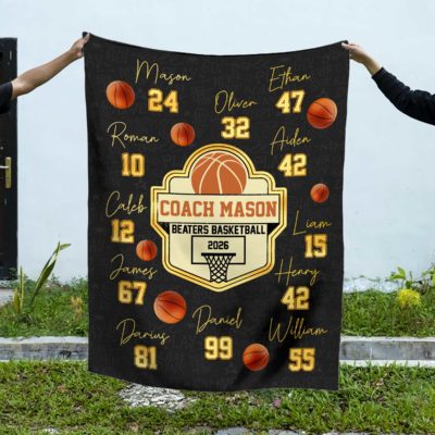 Personalized coach signature basketball blanket featuring coach name, team name, and player signatures, custom end of season thank you coach gift for basketball teams