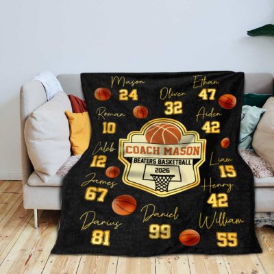 Personalized coach signature basketball blanket featuring coach name, team name, and player signatures, custom end of season thank you coach gift for basketball teams