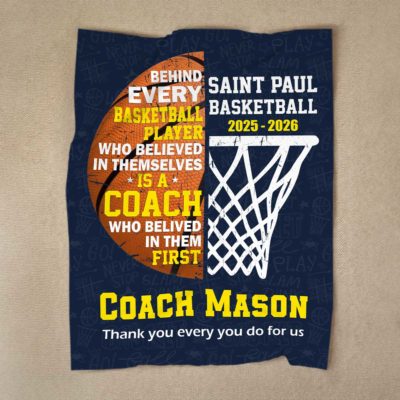 Personalized basketball coach blanket with custom team name and season, thank you coach end of season basketball gift.
