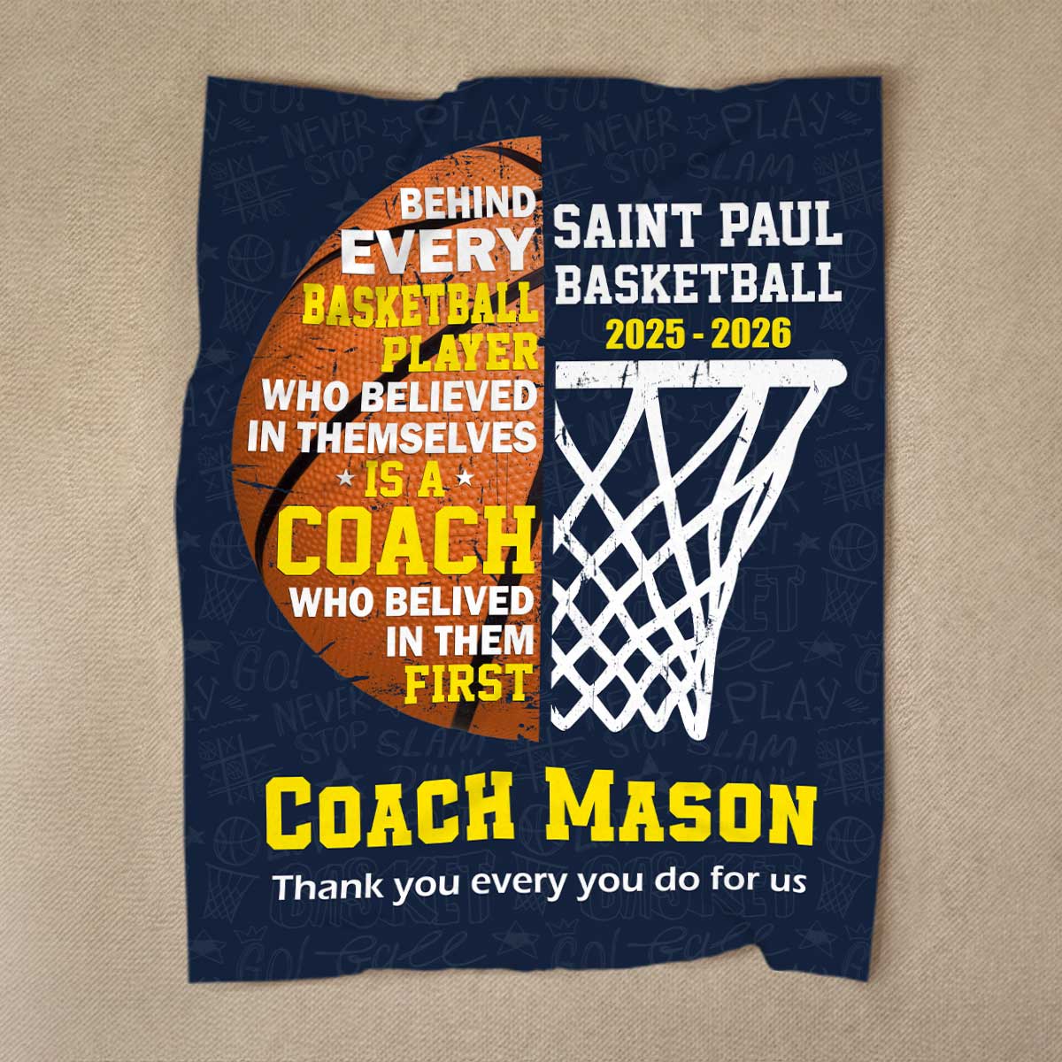 Personalized basketball coach blanket with custom team name and season, thank you coach end of season basketball gift.
