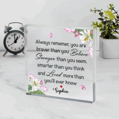 Personalized motivational quote acrylic sign, custom inspirational clear acrylic desk decor, meaningful gift for home or office.
