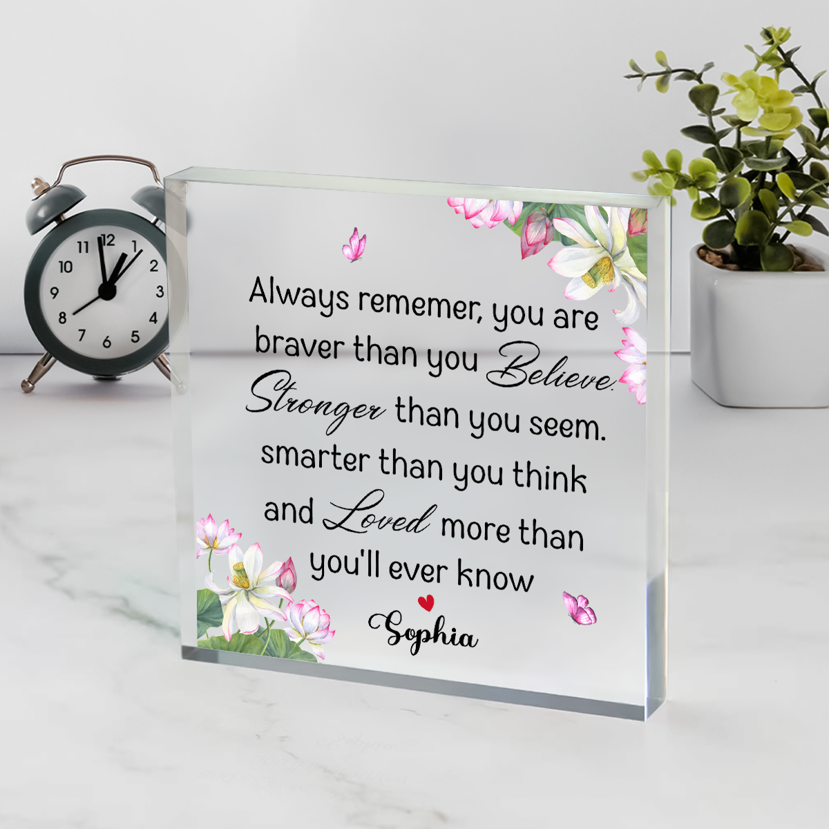 Personalized motivational quote acrylic sign, custom inspirational clear acrylic desk decor, meaningful gift for home or office.