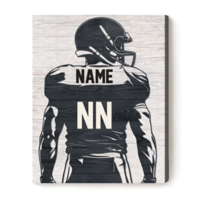 Personalized football player silhouette sign with custom name and number, football gift for son and sports room wall art.