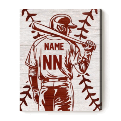 Personalized baseball player silhouette sign with custom name and number, baseball gift for son, sports room wall art.
