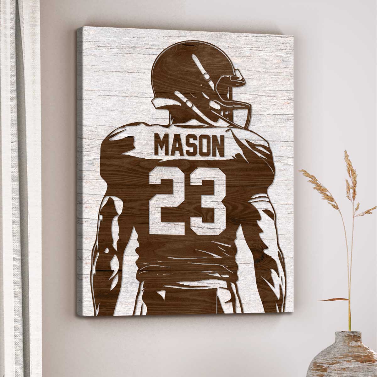 Personalized football player silhouette sign with custom name and number, football gift for son and sports room wall art.
