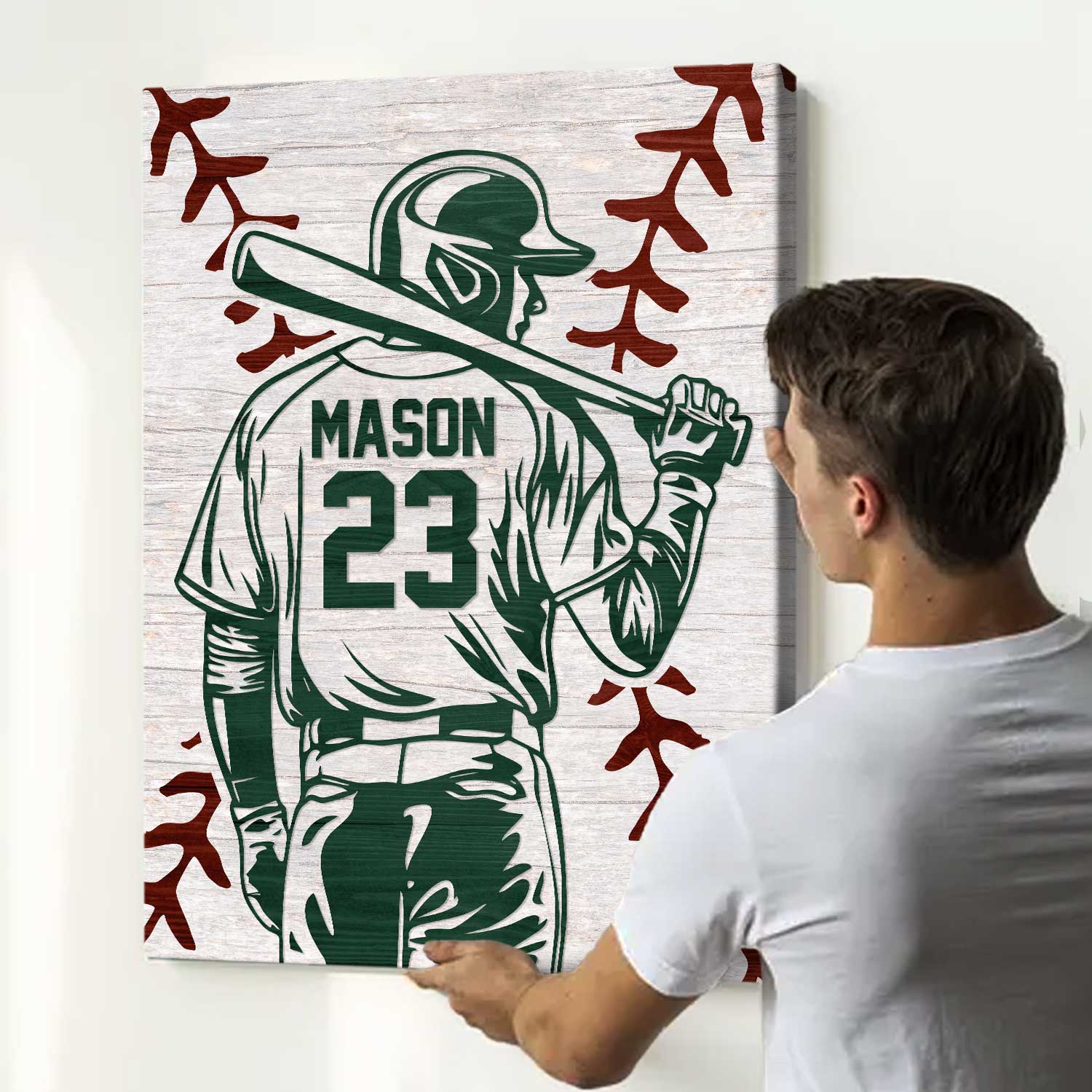 Personalized baseball player silhouette sign with custom name and number, baseball gift for son, sports room wall art.