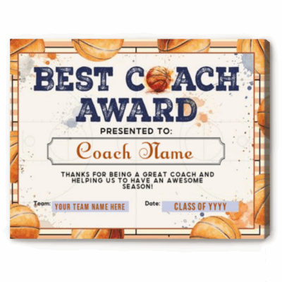 Personalized basketball coach award canvas featuring a custom best coach design with coach name, team name, and season year, meaningful end of season thank you coach gift from basketball team