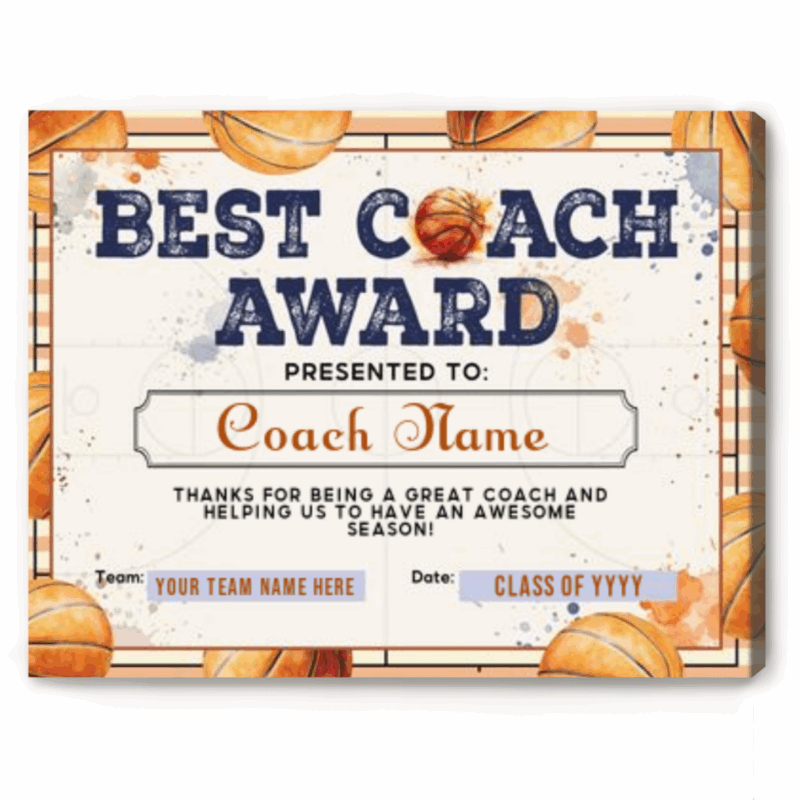 Personalized basketball coach award canvas featuring a custom best coach design with coach name, team name, and season year, meaningful end of season thank you coach gift from basketball team