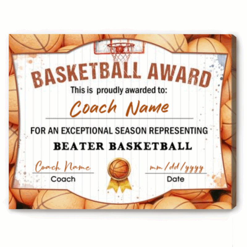 Personalized basketball award canvas with custom player name and team, end of season basketball achievement award wall art gift