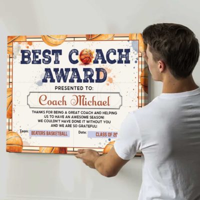 Personalized basketball coach award canvas featuring a custom best coach design with coach name, team name, and season year, meaningful end of season thank you coach gift from basketball team