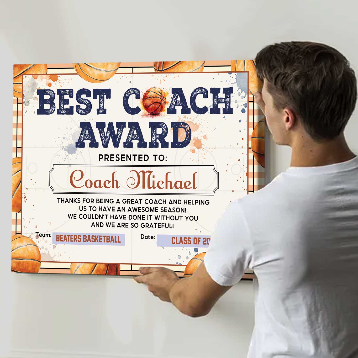 Personalized basketball coach award canvas featuring a custom best coach design with coach name, team name, and season year, meaningful end of season thank you coach gift from basketball team