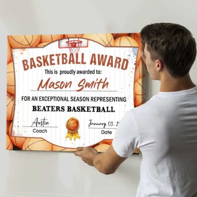 Personalized basketball award canvas with custom player name and team, end of season basketball achievement award wall art gift