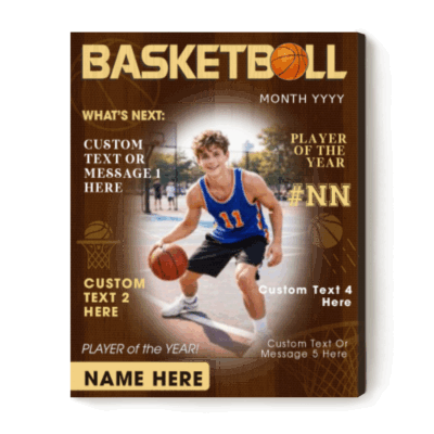 Personalized basketball magazine cover canvas with custom player photo, name and number, basketball player of the year wall art gift