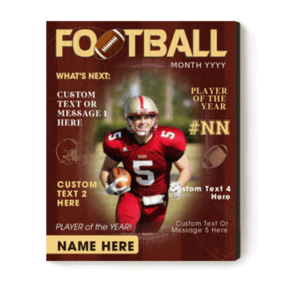 Personalized football magazine cover canvas with custom photo, name and number, football player of the year wall art gift.