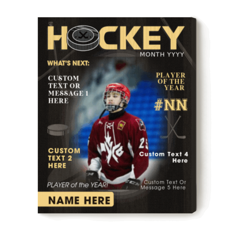 Personalized hockey magazine cover canvas with custom player photo, name and number, hockey player of the year wall art gift