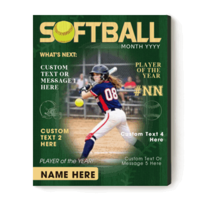 Personalized softball magazine cover canvas with custom player photo, name and number, softball player of the year wall art gift
