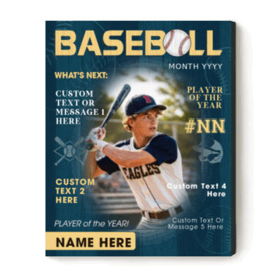 Personalized baseball magazine cover canvas with custom player photo, name and number, baseball player of the year wall art gift