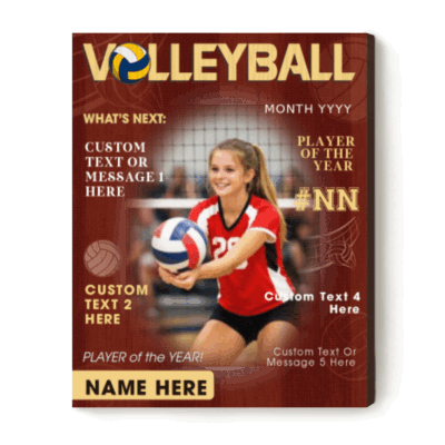Personalized volleyball magazine cover canvas with custom player photo, name and number, volleyball player of the year wall art gift