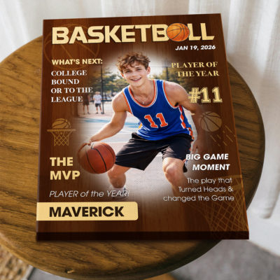 Personalized basketball magazine cover canvas with custom player photo, name and number, basketball player of the year wall art gift