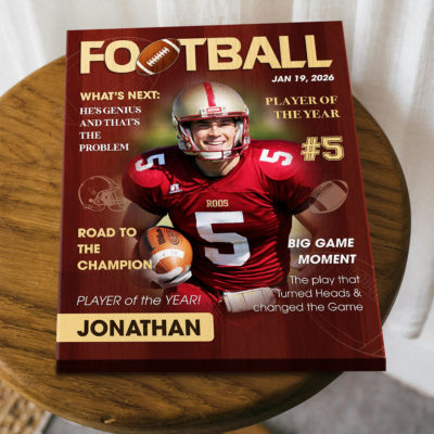 Personalized football magazine cover canvas with custom photo, name and number, football player of the year wall art gift.