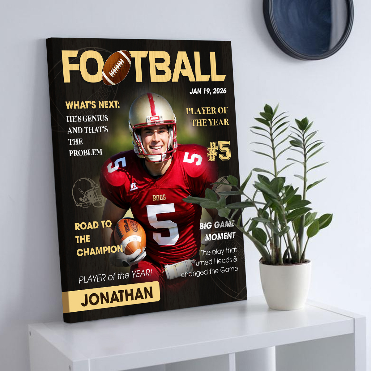 Personalized football player magazine cover canvas with custom photo, name and number, football player of the year wall art gift.