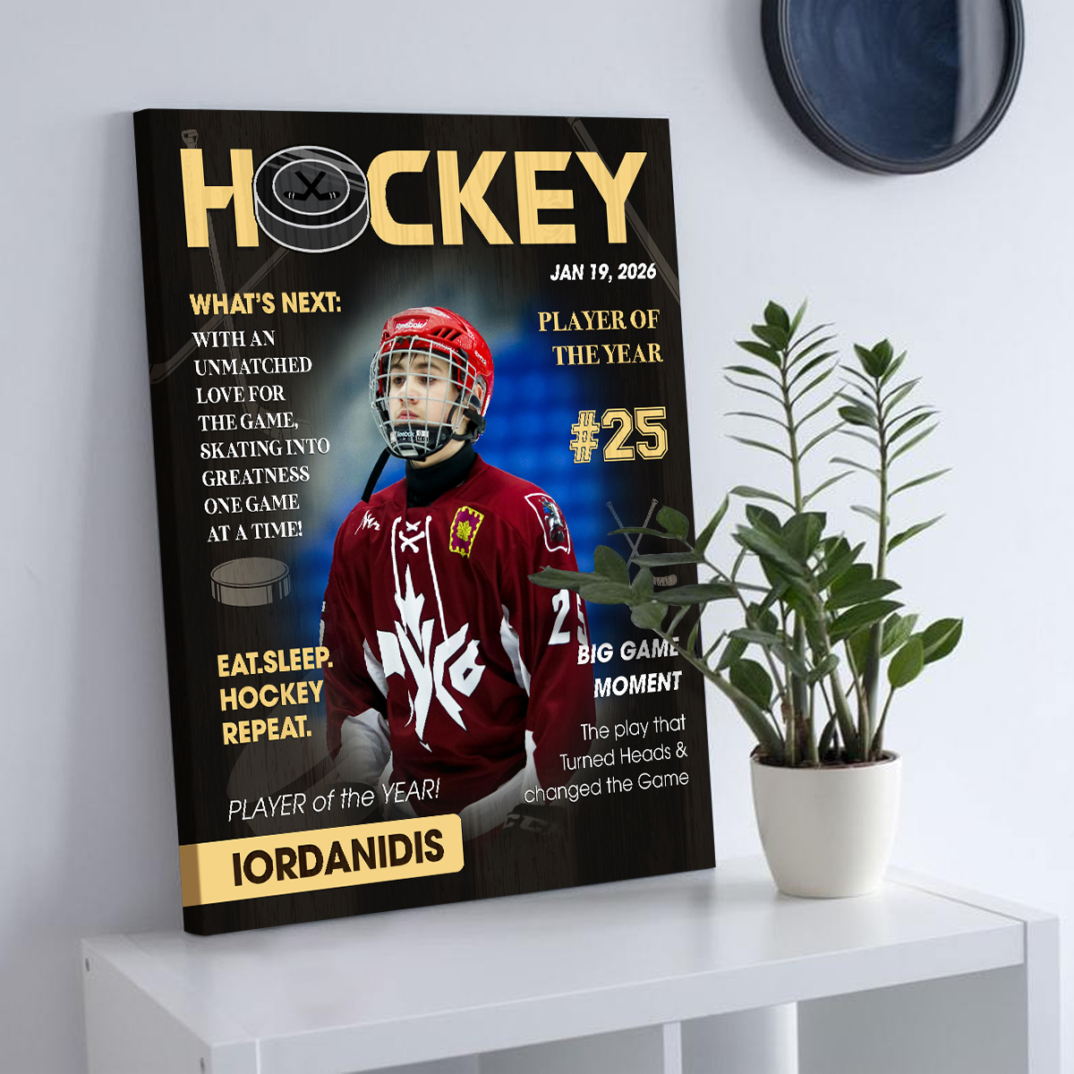 Personalized hockey magazine cover canvas with custom player photo, name and number, hockey player of the year wall art gift