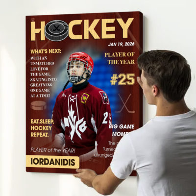 Personalized hockey magazine cover canvas with custom player photo, name and number, hockey player of the year wall art gift