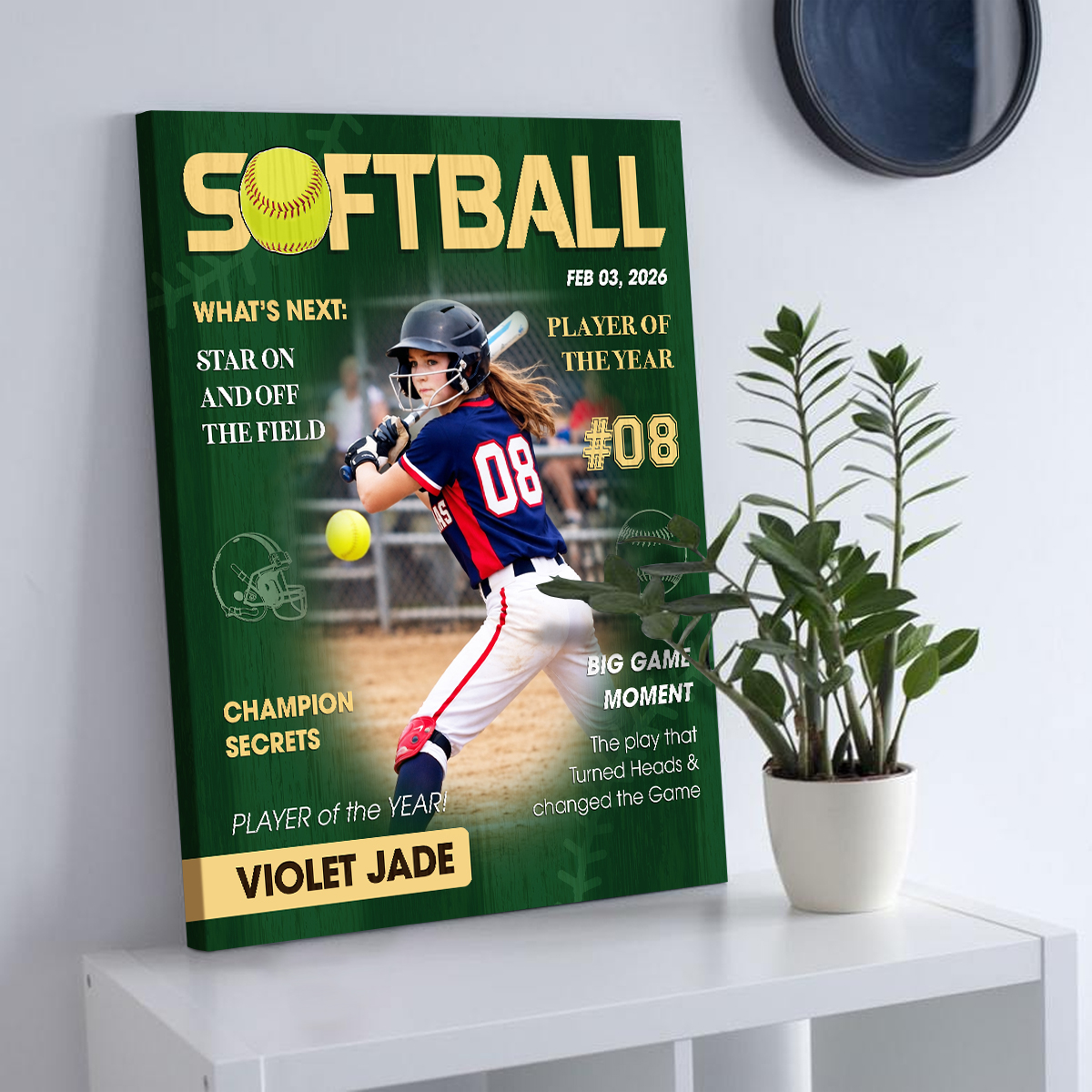 Personalized softball magazine cover canvas with custom player photo, name and number, softball player of the year wall art gift