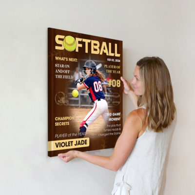 Personalized softball magazine cover canvas with custom player photo, name and number, softball player of the year wall art gift