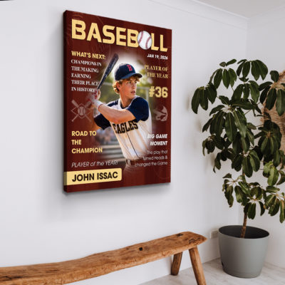 Personalized baseball magazine cover canvas with custom player photo, name and number, baseball player of the year wall art gift
