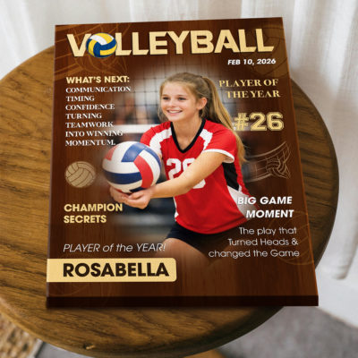 Personalized volleyball magazine cover canvas with custom player photo, name and number, volleyball player of the year wall art gift