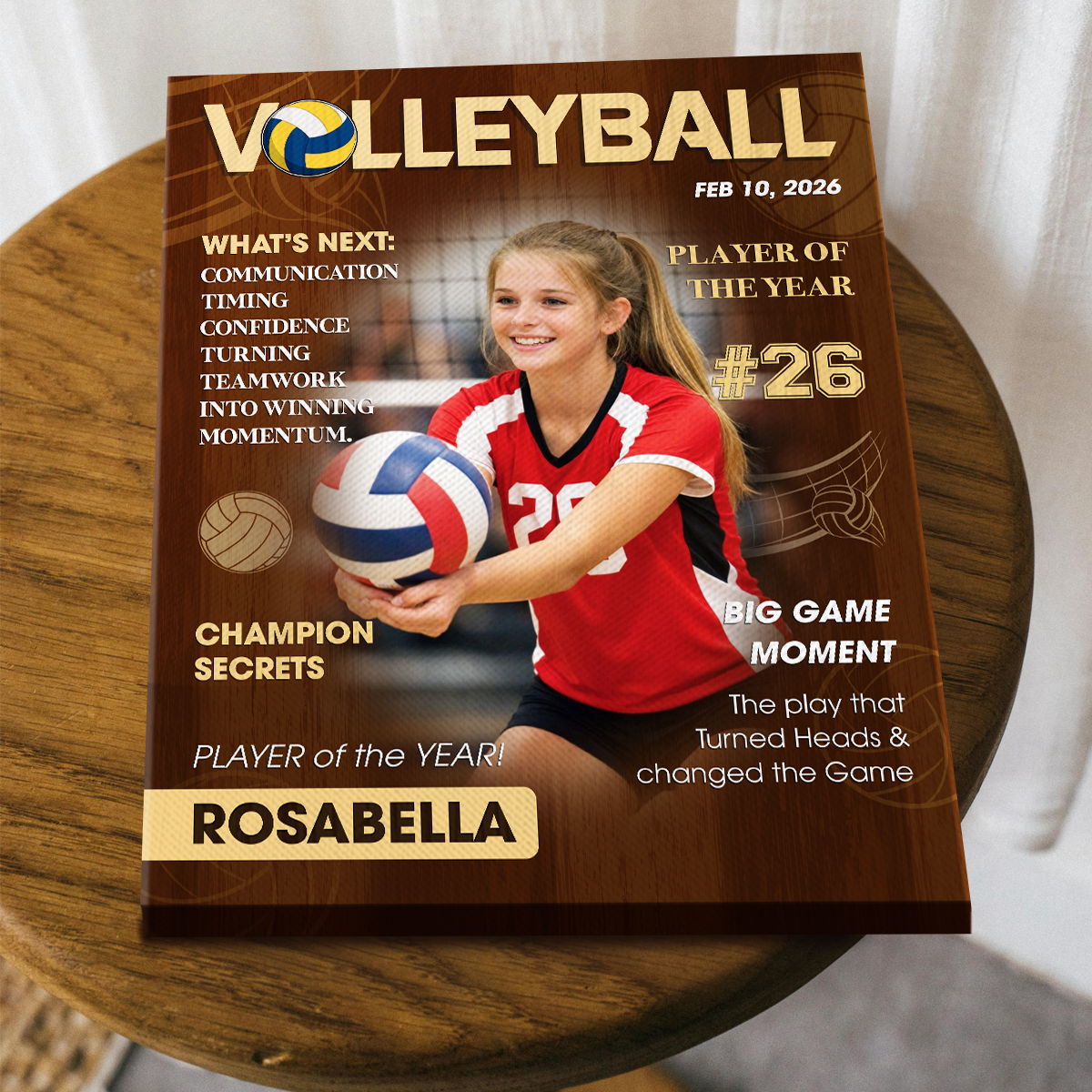 Personalized volleyball magazine cover canvas with custom player photo, name and number, volleyball player of the year wall art gift
