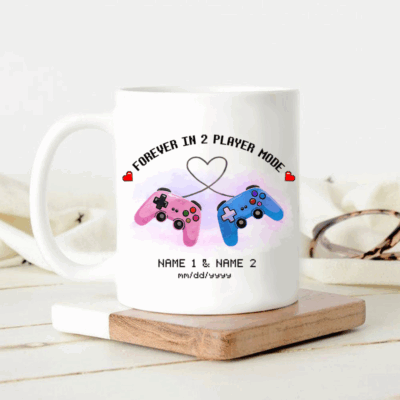 Personalized Forever in 2 player mode mug with custom names and video game themed design