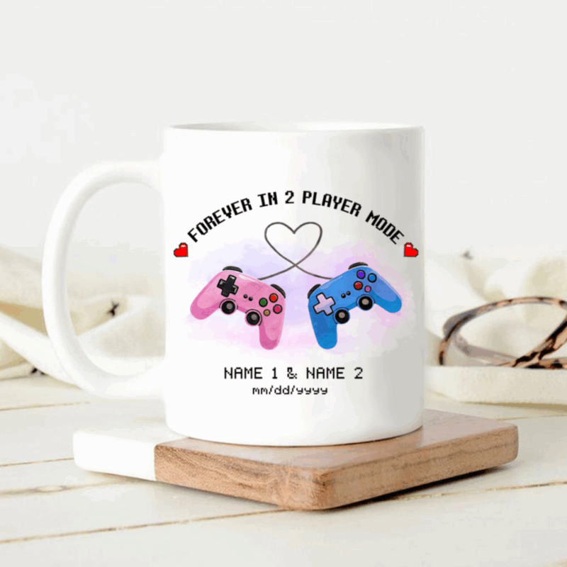 Personalized Forever in 2 player mode mug with custom names and video game themed design