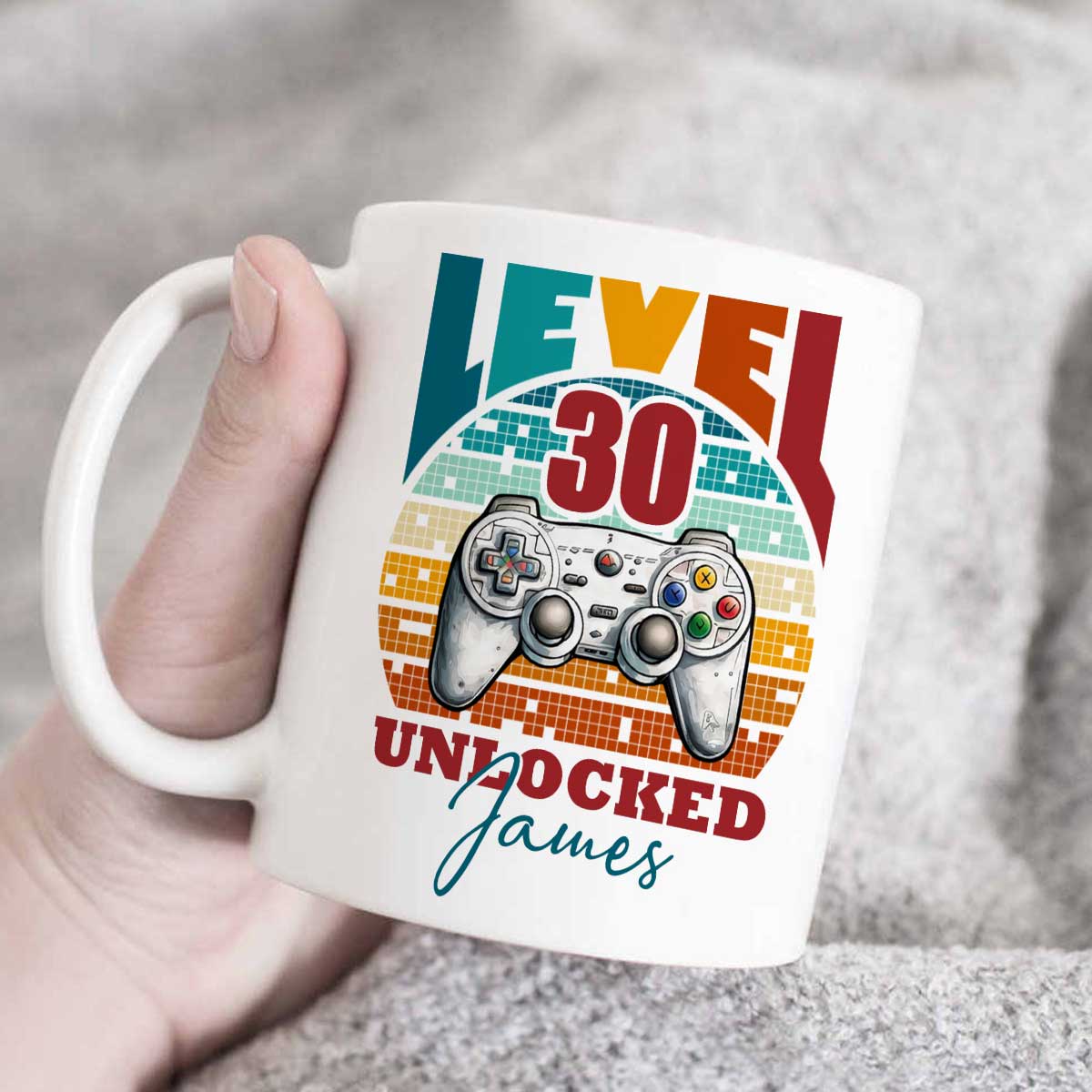 Personalized gamer birthday mug with custom name and age level unlocked design featuring video game controller graphic