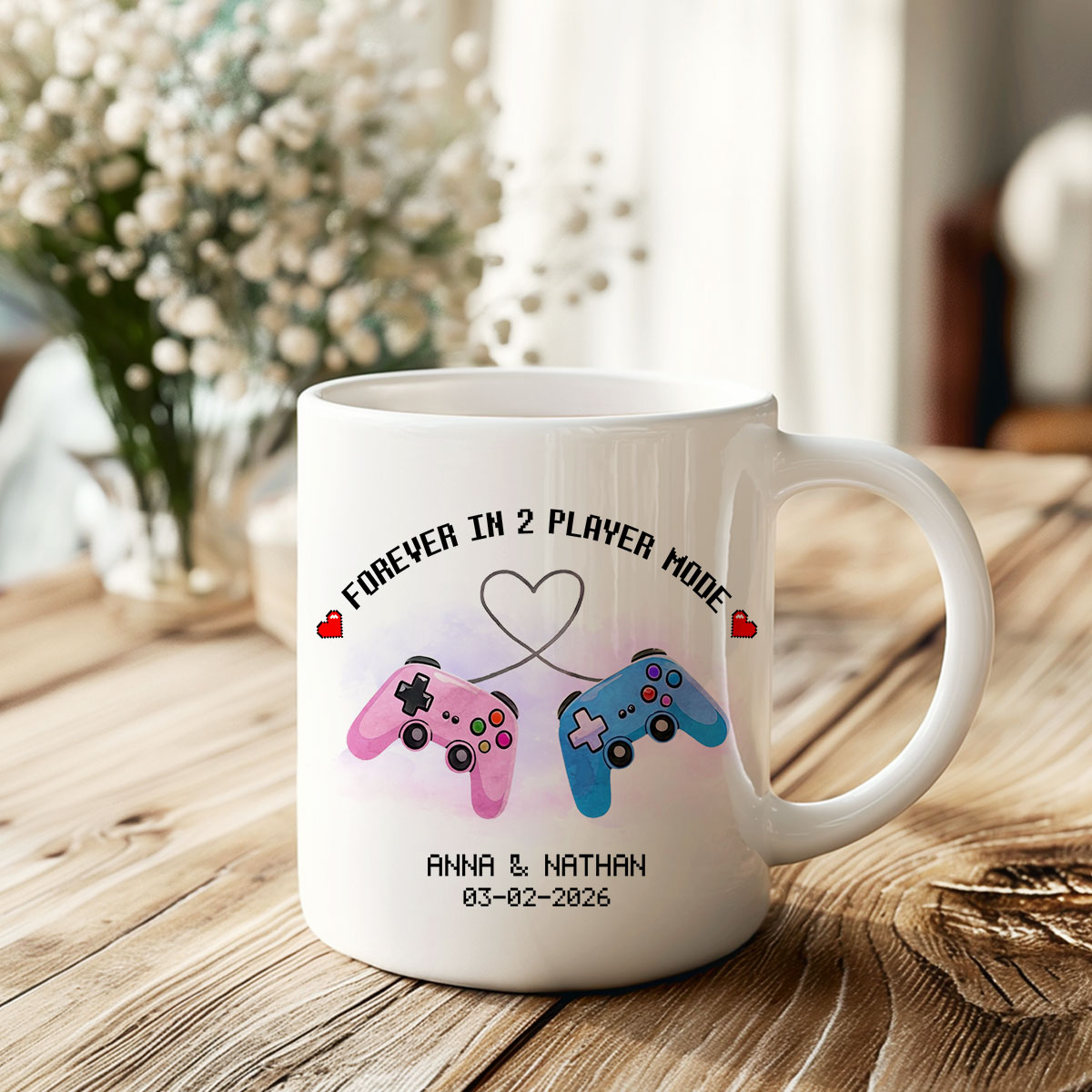 Forever in 2 player mode personalized gamer couple mug with custom names and video game themed design