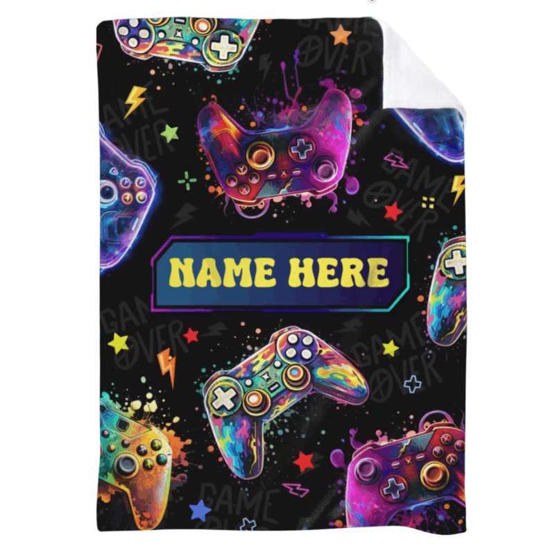 Personalized gamer name blanket with custom name and gaming controller design, fleece video game lover gift for boys kids and teens
