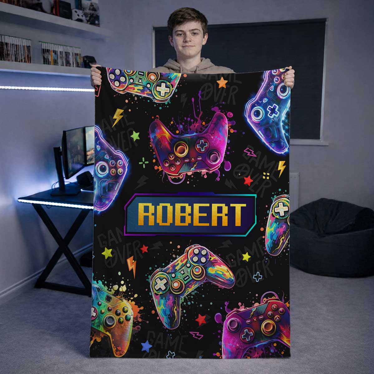 Personalized gamer name blanket with custom name and gaming controller design, fleece video game lover gift for boys kids and teens
