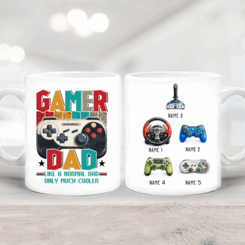 Custom gamer dad coffee mug with kids name, funny gaming quote and video game controller design, cool Father's Day gift for gamer fathers