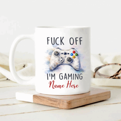 Funny gamer coffee mug with sarcastic gaming quote and personalized name, video game lover gift mug
