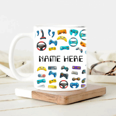 Custom name gaming controller coffee mug with personalized gamer name and video game themed design