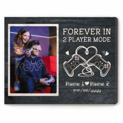 Personalized gamer couple canvas with custom photo and forever in two player mode gaming theme romantic wall art gift