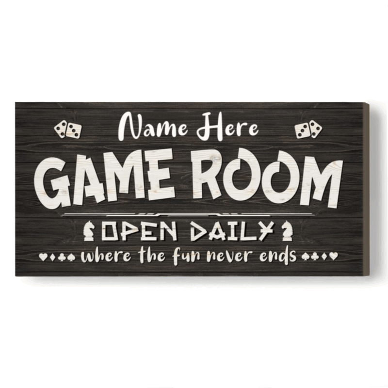 Personalized game room sign with custom family name and open daily where the fun never ends quote, game room wall decor gift