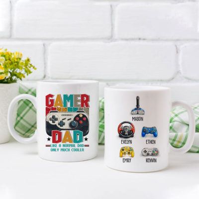 Benicee Shop 215 Custom gamer dad coffee mug with kids name, funny gaming quote and video game controller design, cool Father's Day gift for gamer fathers